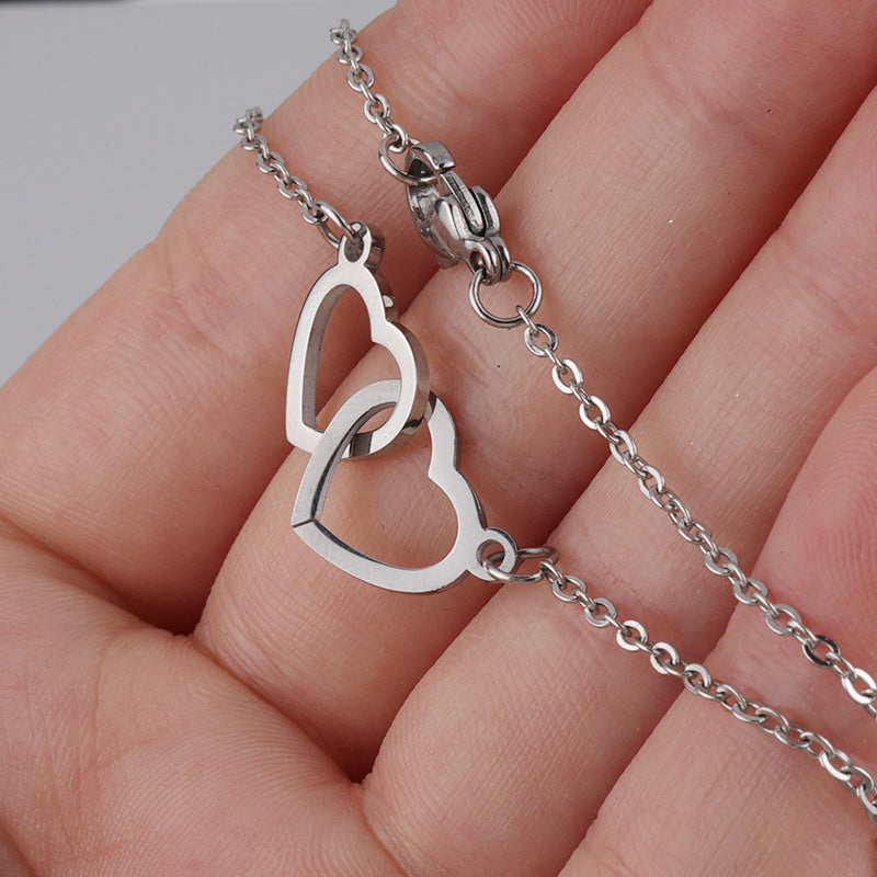 Hartvormige Ketting Twee Harten Titanium Staal Vrouwen Romantisch Sieraad Goud Zilver Rosé Geschenkdoos | Sansoti