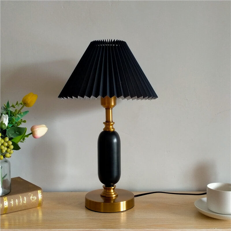 Tafellamp Geplooide Kap Metaal Goud Zwart Wit 28x46cm E12 Slaapkamer Woonkamer Retro | Sansoti