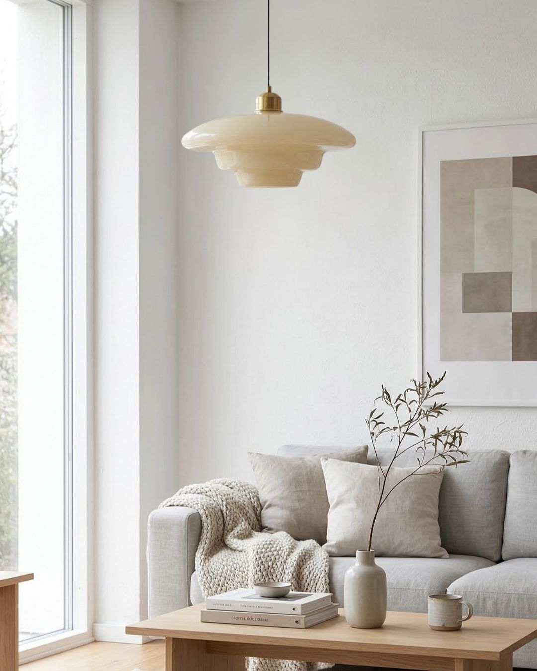 TINA Hanglamp – Mid-Century Melkwit Glas met Geborsteld Messing | Moderne Eetkamer & Keukenverlichting | Verstelbaar | E27 Fitting | Sansoti