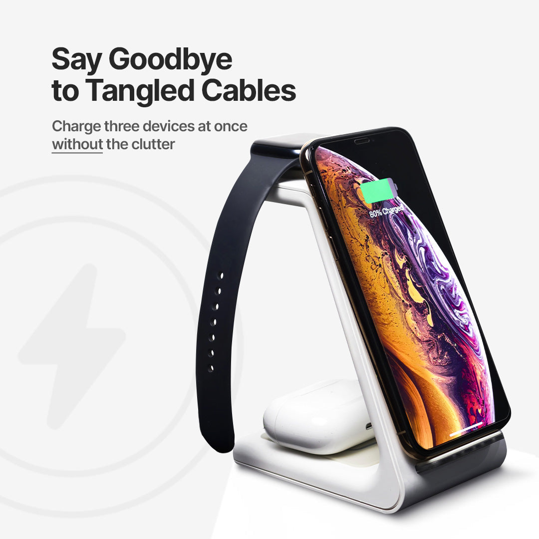 Station de recharge magnétique 3-en-1, chargeur rapide pour téléphone, montre connectée et écouteurs, recharge sans fil, noir blanc | Sansoti