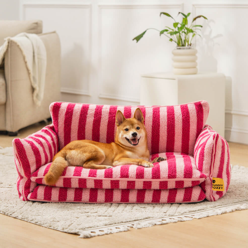 Gestreepte Pluche Hondenbed Tweelaags Kunstlam Warm Afneembaar Beige Roze Zwart M L XL 2XL Huisdier Comfort | Sansoti