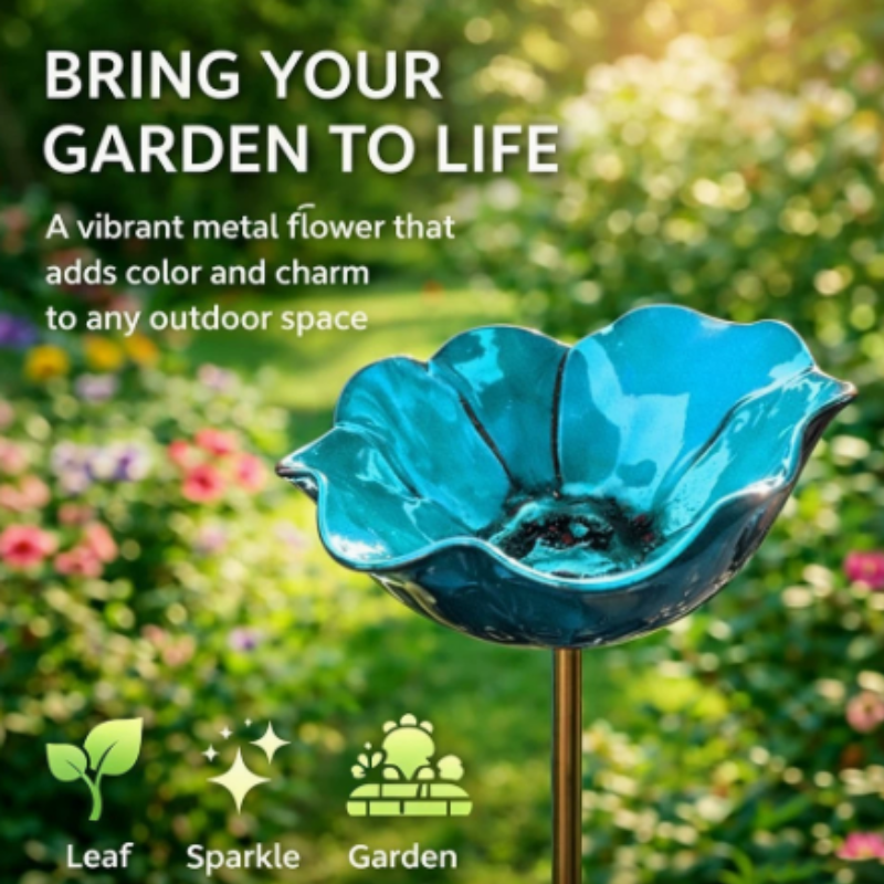 Metal Birdbath Garden Stake with Flower Design Drinking Bowl for Pollinators Weather-Resistant Garden Decoration | Sansoti