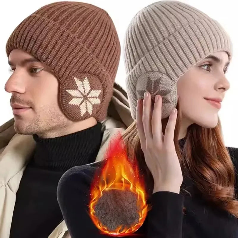 Gestrickte Wintermütze mit Ohrenklappen Unisex Warme Beanie Weiches Futter Schneeflockenmuster Wintersport | Sansoti