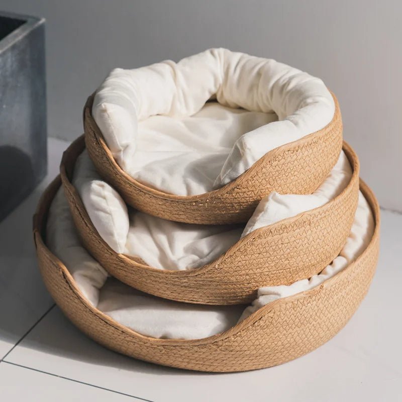 Panier pour animal de compagnie tressé et respirant en bambou, couchage en osier pour chien ou chat, design naturel, confortable et durable | Sansoti