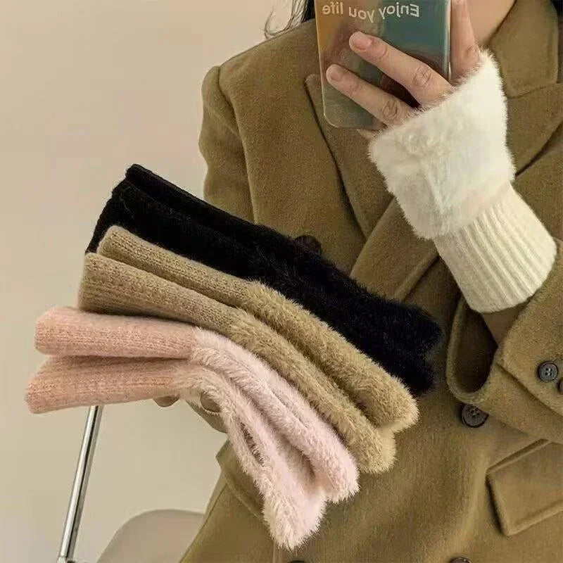 Fingerless gloves plush women's winter warm typing phone touchscreen one size comfortable soft | Sansoti