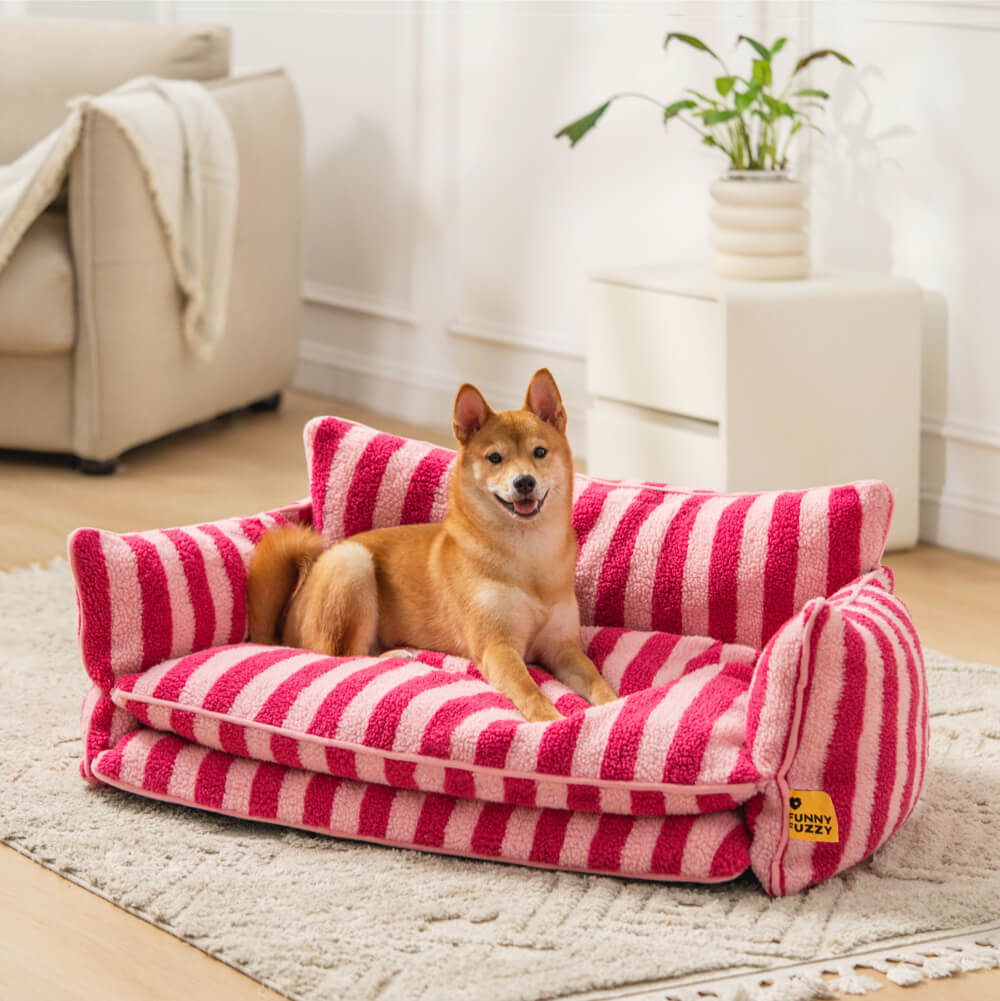 Gestreepte Pluche Hondenbed Tweelaags Kunstlam Warm Afneembaar Beige Roze Zwart M L XL 2XL Huisdier Comfort | Sansoti