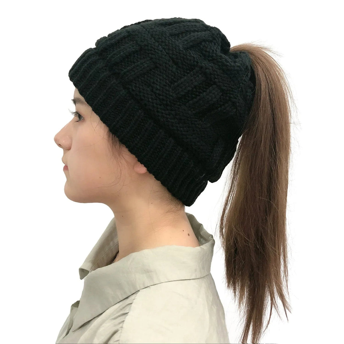 Bonnet d’hiver tricoté avec ouverture pour queue de cheval pour femmes, bonnet chaud, bonnet de ski, accessoire d’hiver pour l’extérieur | Sansoti