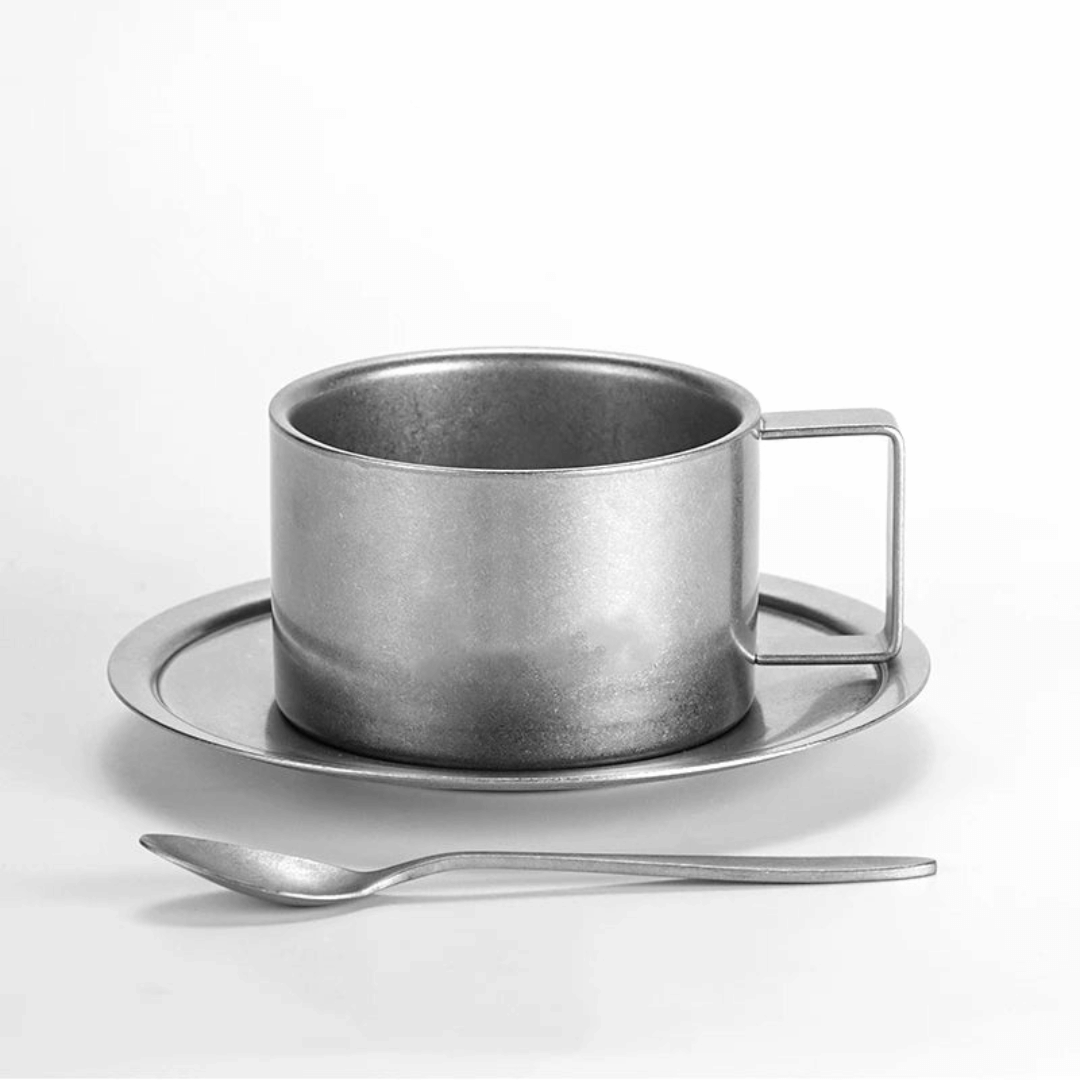 Doppelwandige Kaffeetasse aus Edelstahl mit Untertasse und Löffel, Vintage-Stil, Set, 180-280ml Cappuccino Espresso | Sansoti