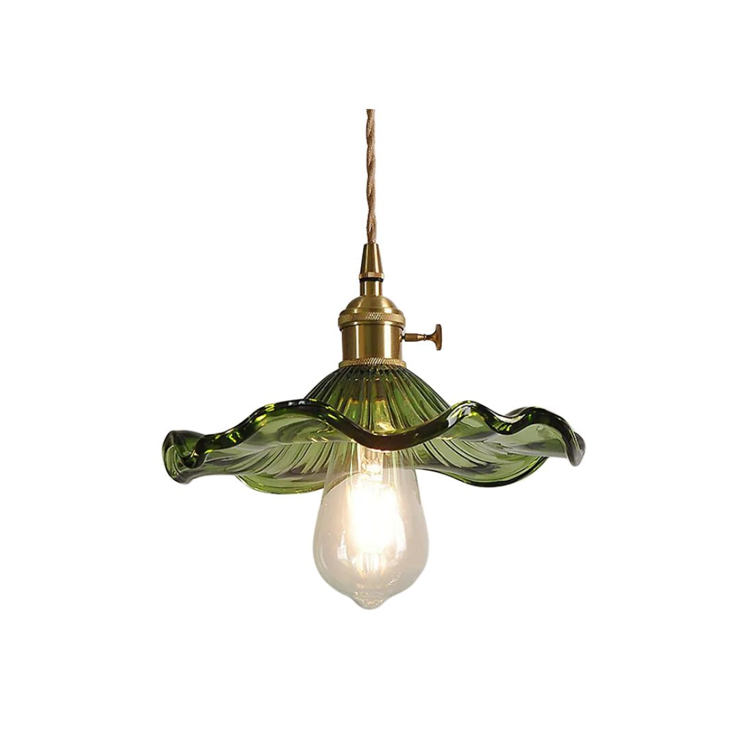Suspension Verre E27 23cm Vert Laiton Forme fleur Table à manger Chambre Éclairage rétro Vintage | Restfield
