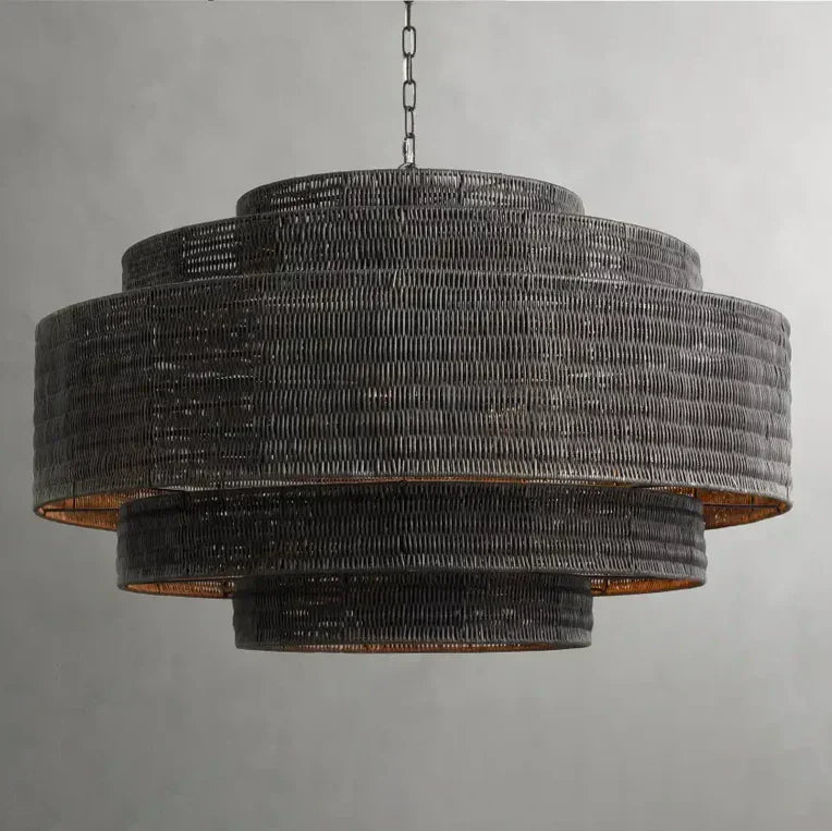 Lustre en rotin tressé, structure en fer à plusieurs niveaux, hauteur réglable, suspension pour éclairage de salle à manger et de salon | Sansoti