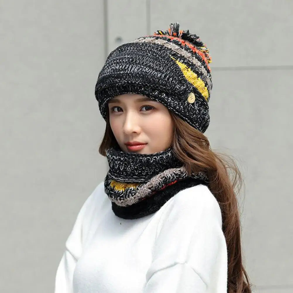 Knitted Hat and Scarf Set with Velvet Lining Removable Face Mask Winter Accessory Warm and Comfortable Women | Sansoti