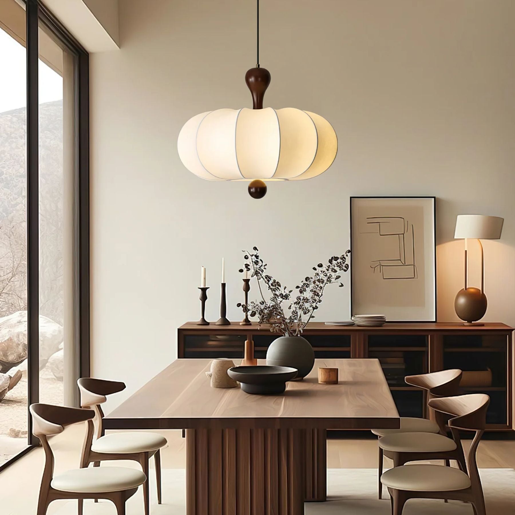Hanglamp Stof Walnoothout Wit Eettafel Woonkamer Japandi Hanglamp Stoffen Lampionlamp Hal | Sansoti