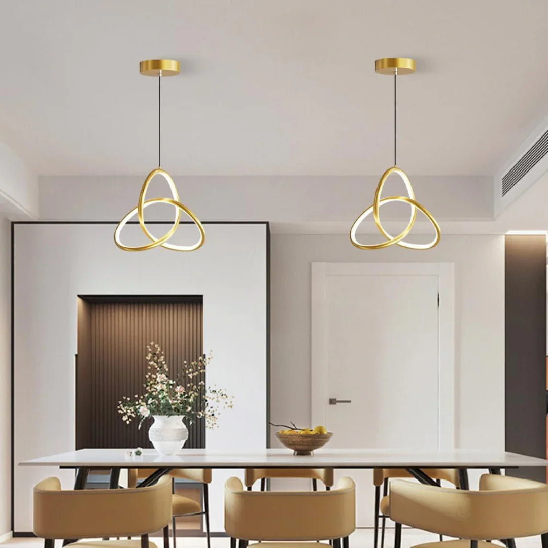 Suspension LED géométrique dorée, 25 cm, tricolore, à intensité variable, en aluminium et acrylique, pour salle à manger, salon ou cuisine | Sansoti