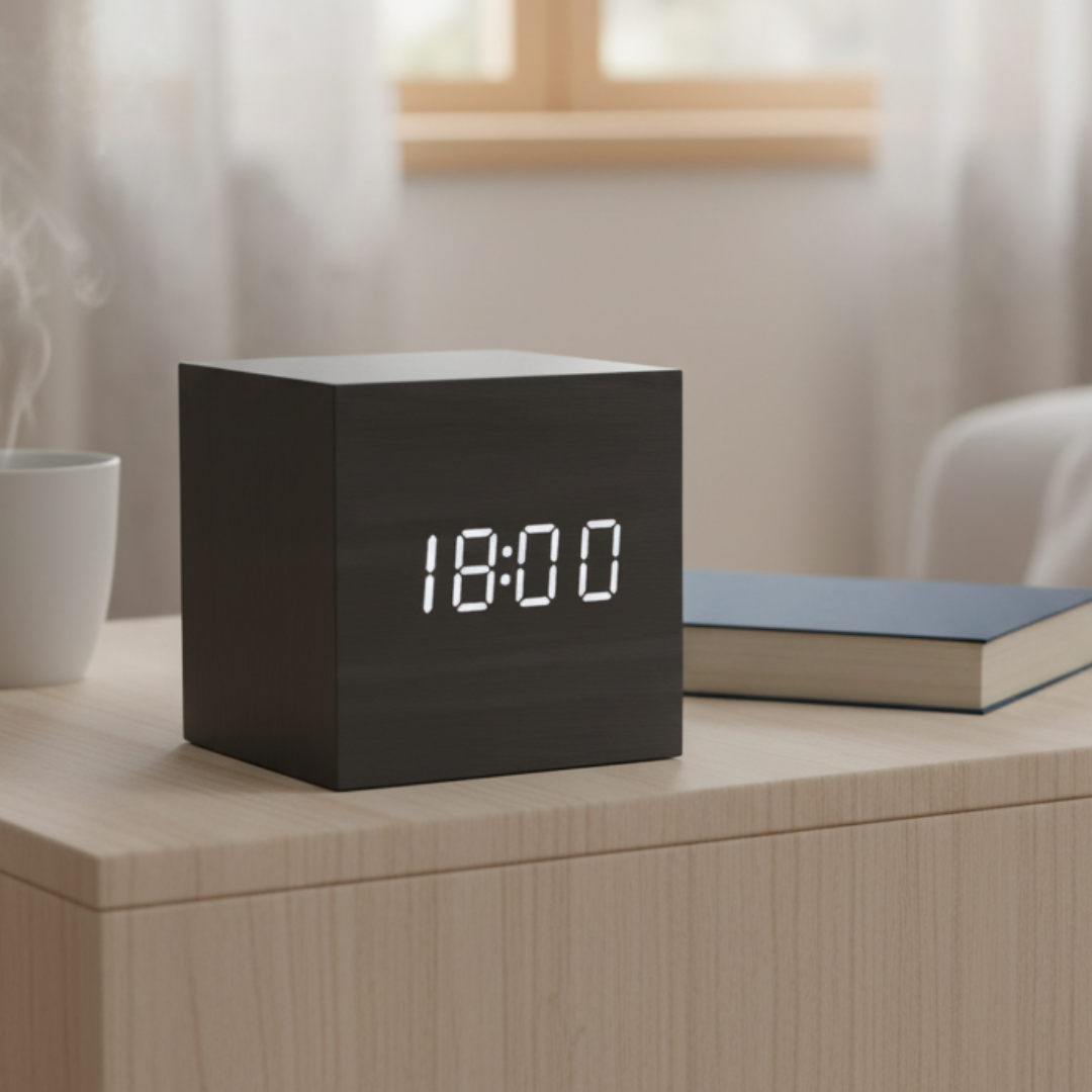 Digitale Wekker met LED-Lichtsensor en Stemactivatie – Compacte Kubusvorm met Multifunctioneel Display | Sansoti