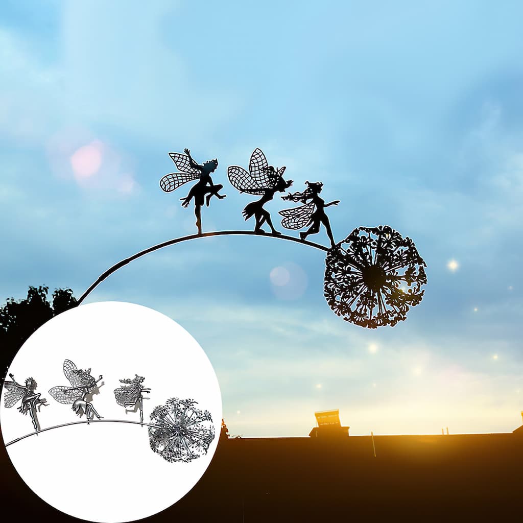 Ornement de jardin représentant une fée en silhouette avec pissenlit, en métal résistant aux intempéries, décoration pour massifs, bordures et pelouses | Sansoti