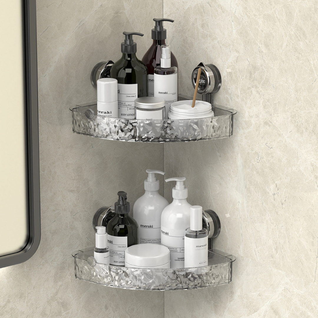 Badregal Eckablage mit Saugnapf – Ohne Bohren | Starkes, platzsparendes Eckregal für Dusche & Bad | Restfield