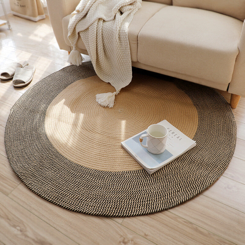 Braided Round Jute Rug Natural Fiber Reversible Beige Black 45-120cm Handmade Bohemian Style | Sansoti