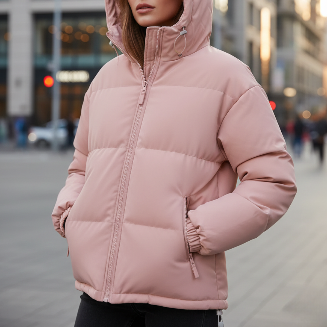 Quilted Women's Jacket, Water-Repellent, Lightweight Polyester, with Hood and Zipper, Winter Outdoor, Black Pink Purple White | Sansoti