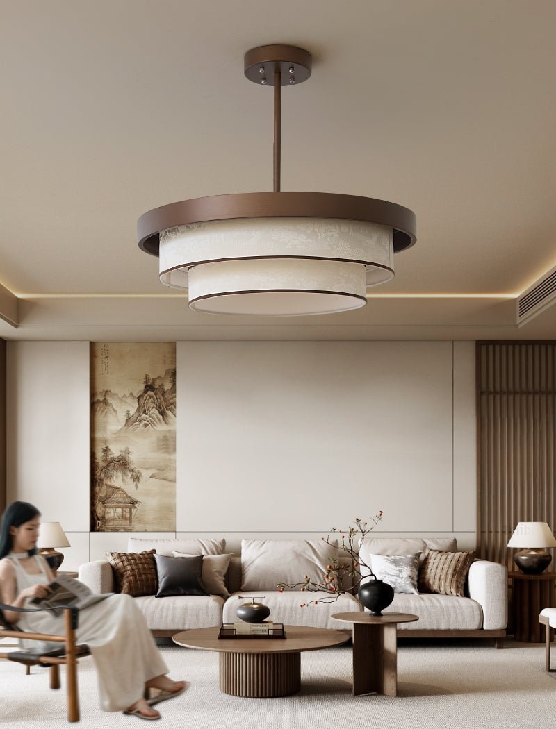 Gelaagde Hanglamp met Stoffen Ringen Brons Wit LED voor Eetkamer Entree Hoog Plafond Modern Scandinavisch | Sansoti