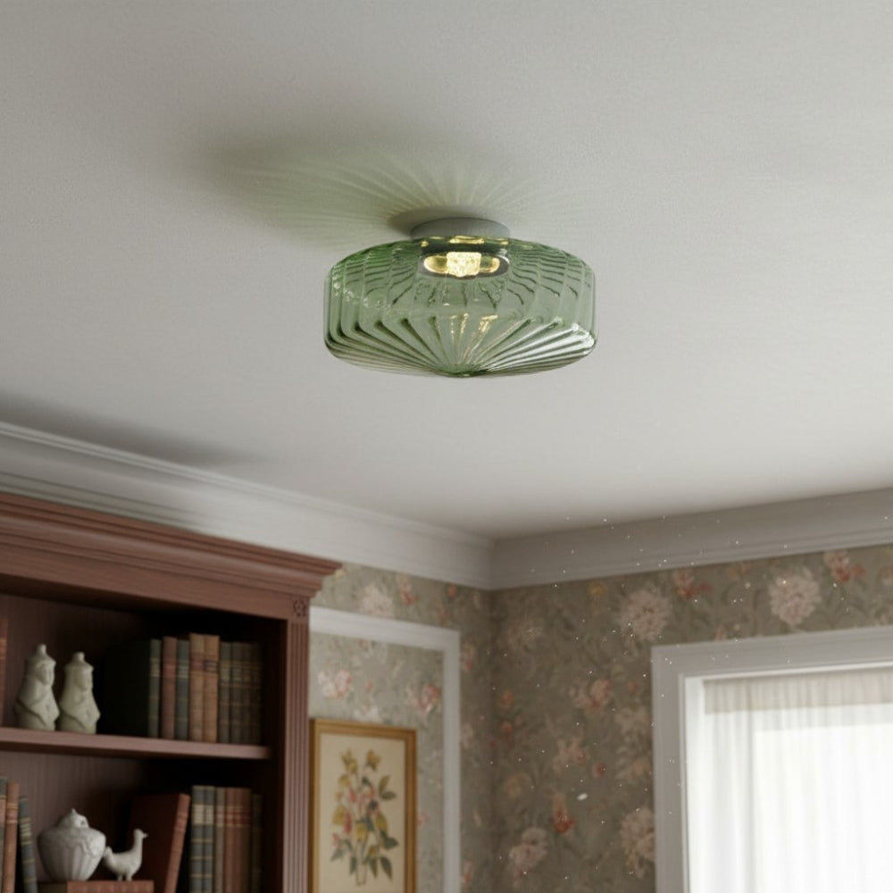 Vintage Geribbeld Glazen Plafondlamp Groen – Klassieke Verlichting voor Eetkamer, Entree & Gang | Sansoti