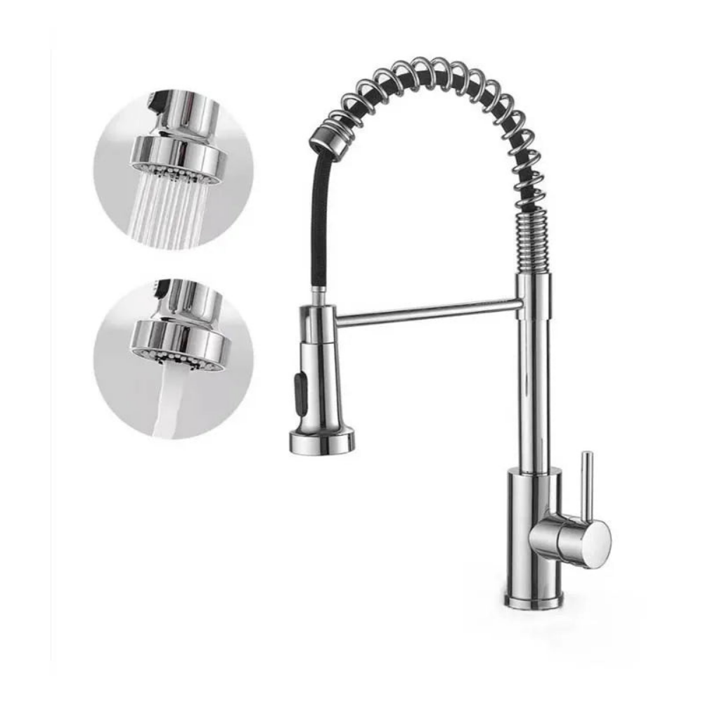 Robinet de cuisine extensible chromé à bec orientable, eau chaude et froide, douchette flexible, mitigeur de cuisine | Sansoti