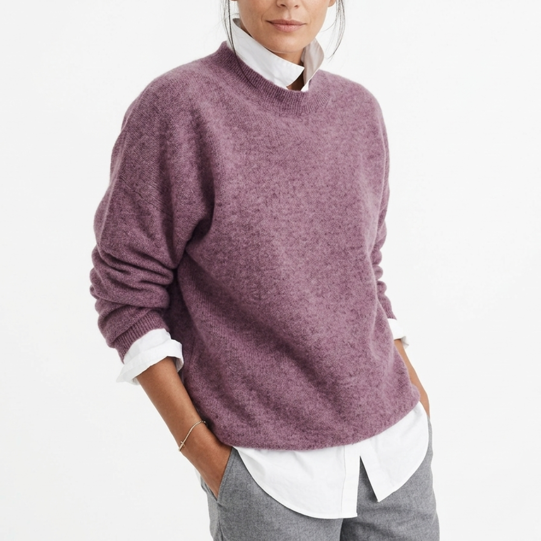 Gestrickter Damenpullover aus Polyester, lockere Passform, lange Ärmel, Rundhalsausschnitt, vielseitig, lässig, elegant, bequem | Sansoti