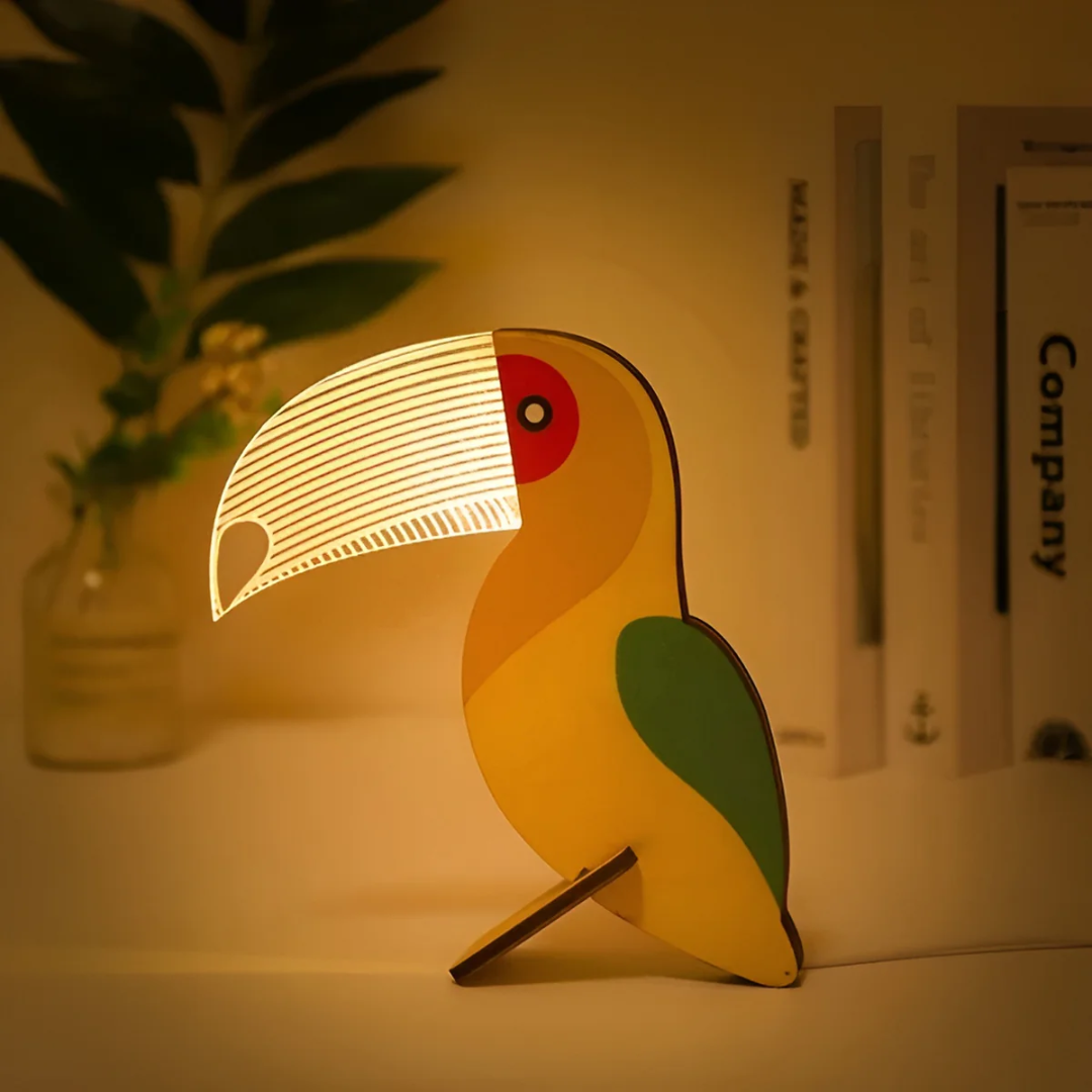 Houten Dierenlamp LED Tafellamp Warm Licht Nordic Design Sfeerlamp Toekan Pelikaan Walvis Kinderkamer Decoratie | Sansoti