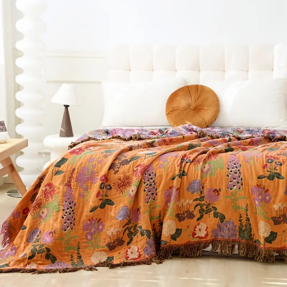Botanische Katoenen Plaid met Kwasten – Gebloemde Jacquardweving Omkeerbaar Bedsprei Bankkleed Fauteuil Deken voor Alle Seizoenen | Sansoti