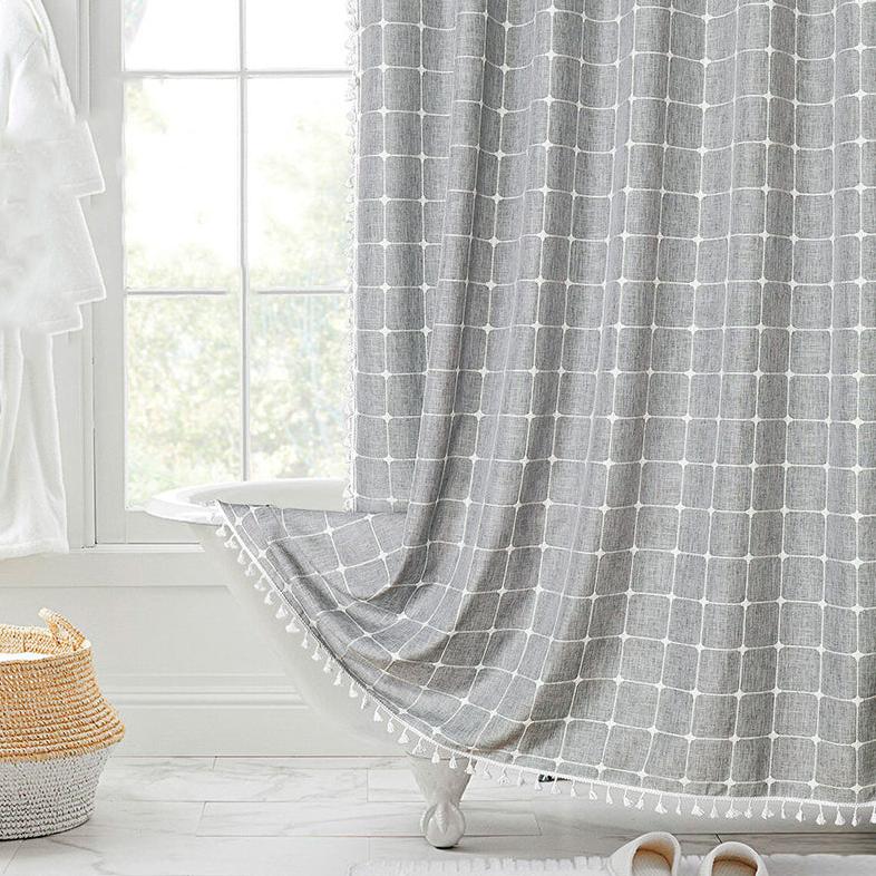 Rideau de douche lin bohème imperméable avec pompons 180x200cm salle de bain beige à carreaux