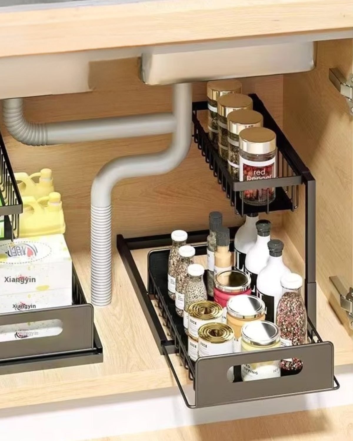 Uitschuifbare Kast Organizer Onder Wastafel Zwart Wit Twee Niveaus Keuken Badkamer Opbergsysteem Schoonmaakspullen Toiletartikelen | Sansoti