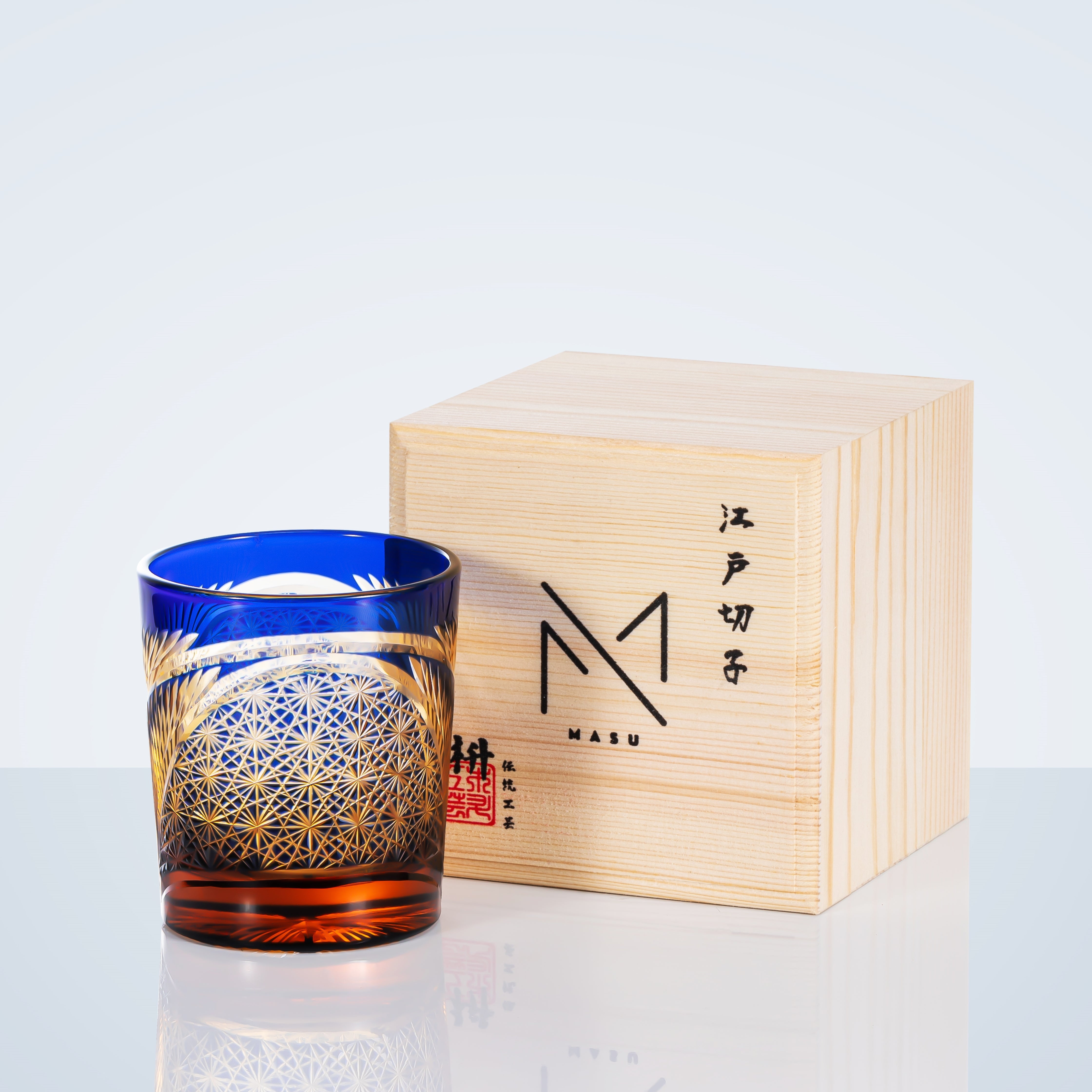 Verre à whisky Edo Kiriko Plume de grue Ambre Fait main Cristal japonais Boîte en bois | Restfield