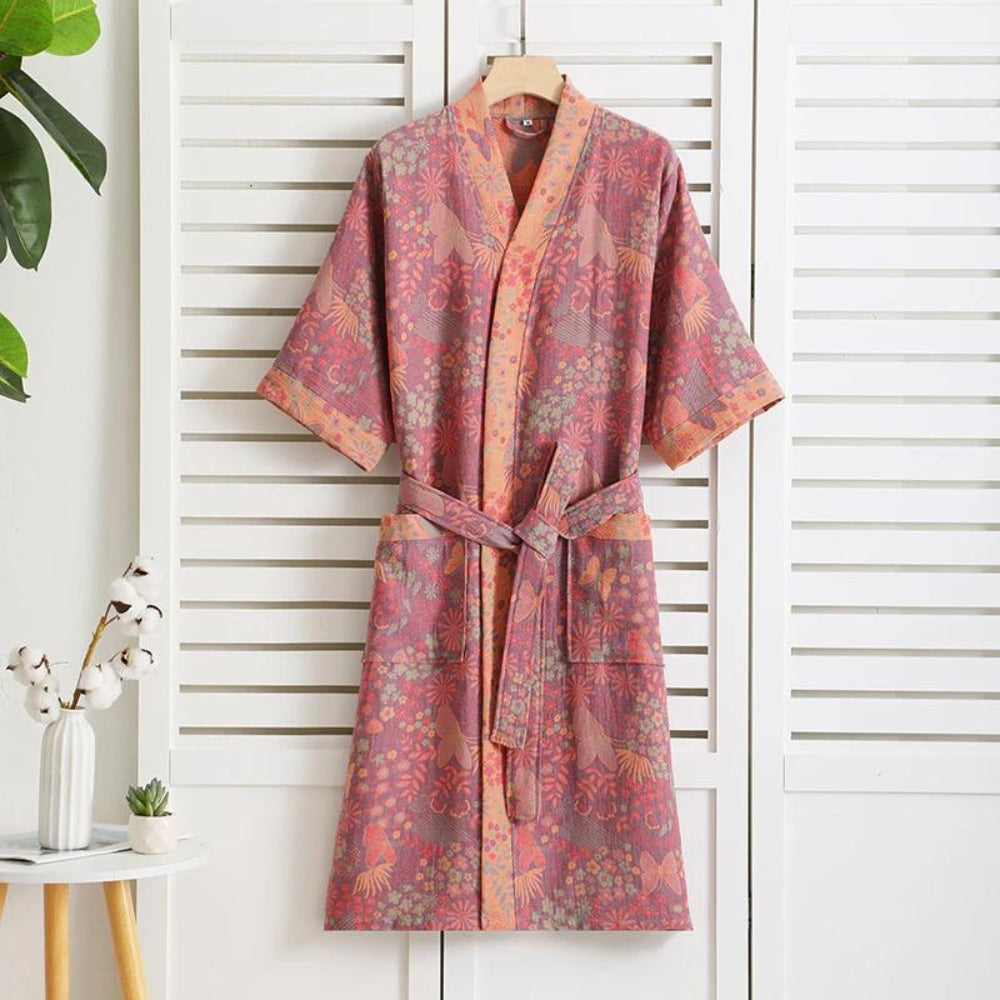 Cotton Robe, Double Gauze, Vintage Print, Loungewear, Terry Cloth Kimono, Spa, Home Comfort, Relaxation, Wellness | Sansoti