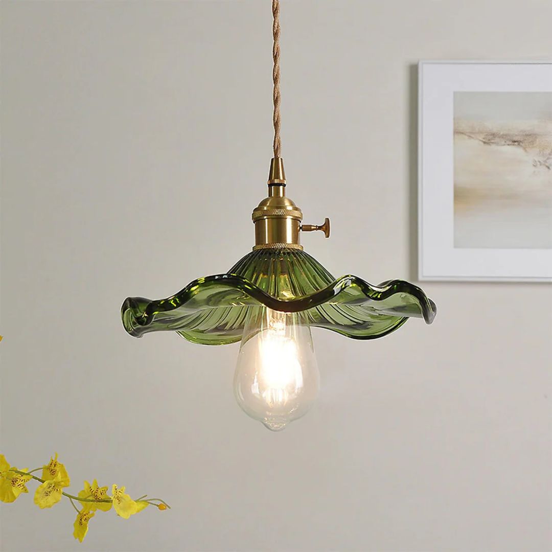 Suspension Verre E27 23cm Vert Laiton Forme fleur Table à manger Chambre Éclairage rétro Vintage | Restfield