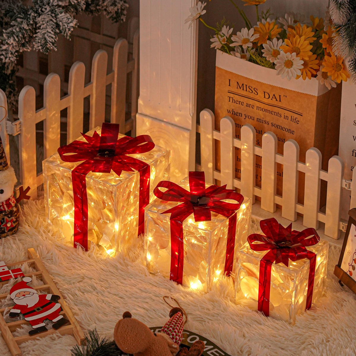 Verlichte Decoratieve Geschenkdozen Set 3 Stuks Metaal Warmwit LED Kerst Wintertafereel Sfeerverlichting | Sansoti