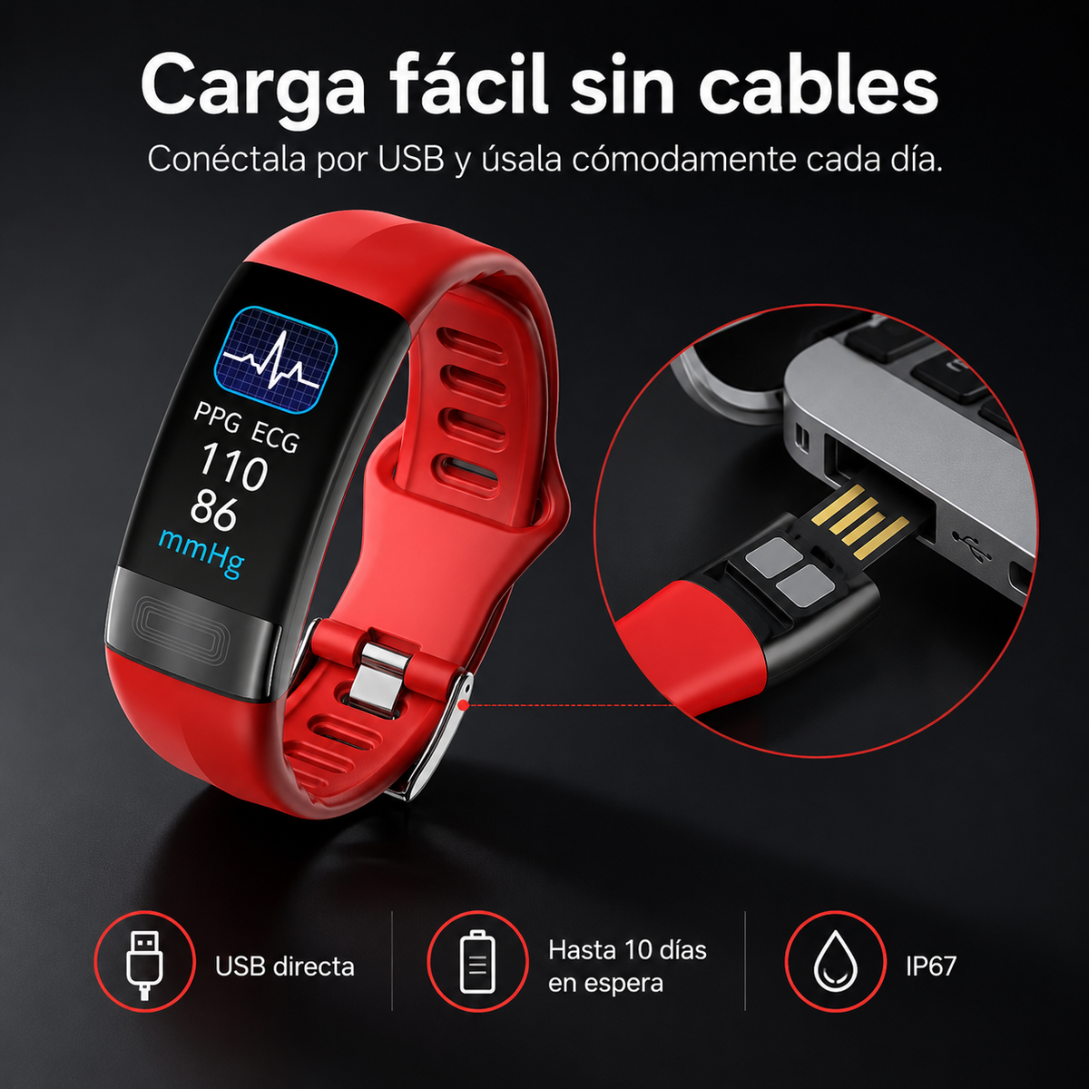 Bracelet de santé avec électrocardiogramme, cardiofréquencemètre, tensiomètre, SpO2, suivi du sommeil, étanche IP67, montre connectée de fitness | Sansoti