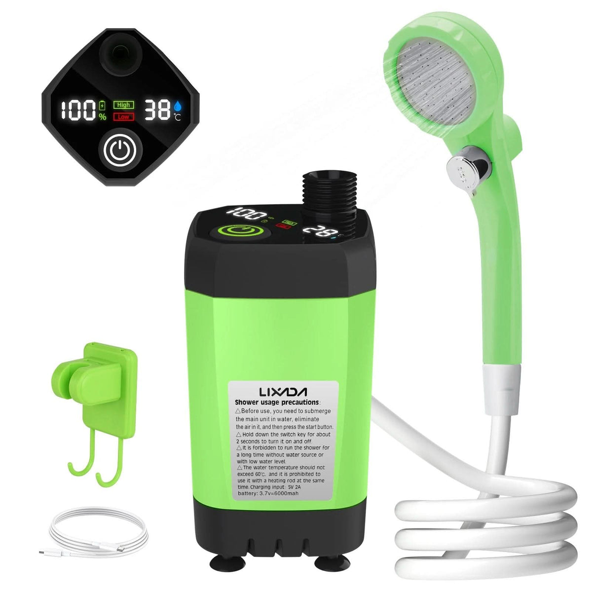 Tragbare Campingdusche mit digitalem Display, wiederaufladbarem 6000-mAh-Akku und einstellbarem Strahl für Reisen und Camping | Sansoti