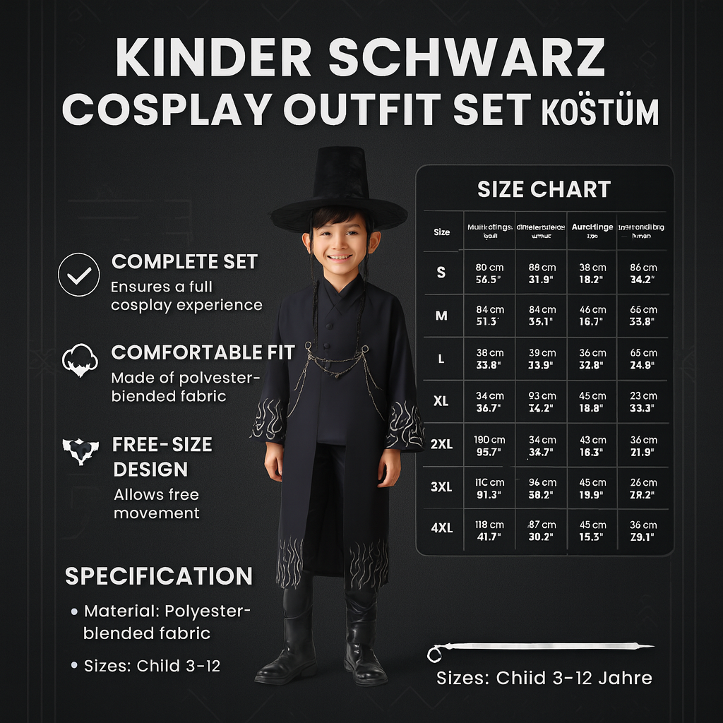 Driedelig Kinderkostuum Zwart voor Themafeesten en Cosplay | Sansoti