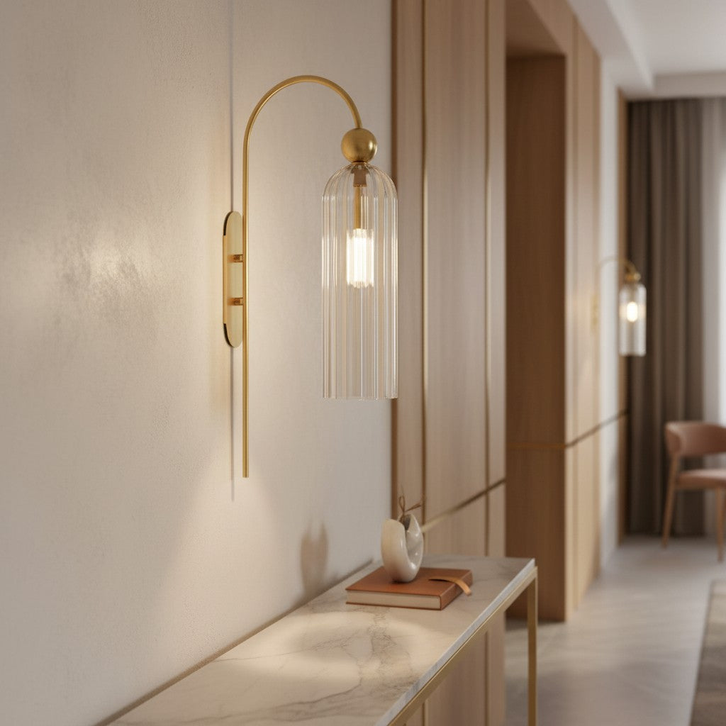 Geribbelde Glazen Wandlamp Cilindervorm met Gouden Fitting voor Gang, Slaapkamer, Woonkamer | Sansoti
