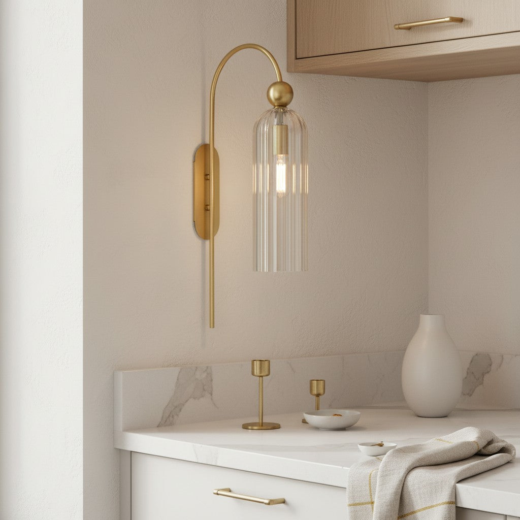 Geribbelde Glazen Wandlamp Cilindervorm met Gouden Fitting voor Gang, Slaapkamer, Woonkamer | Sansoti