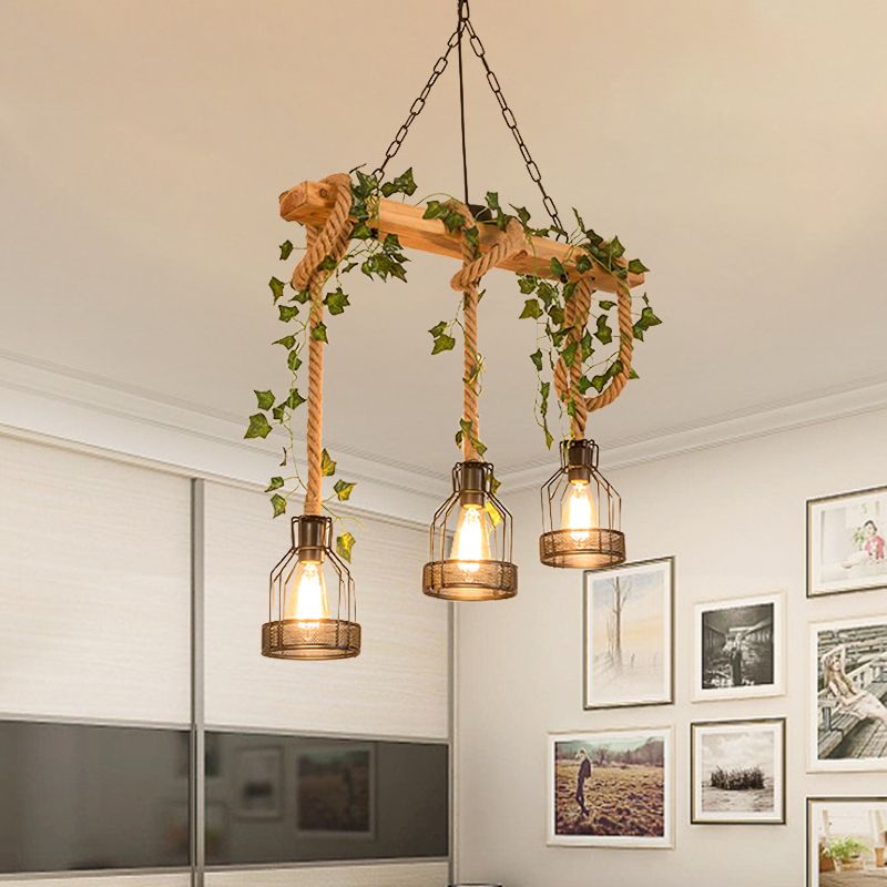 Suspension industrielle en bois et métal, 3 ou 5 abat-jour, style champêtre, lampe cage, salle à manger et salon, design vintage | Sansoti