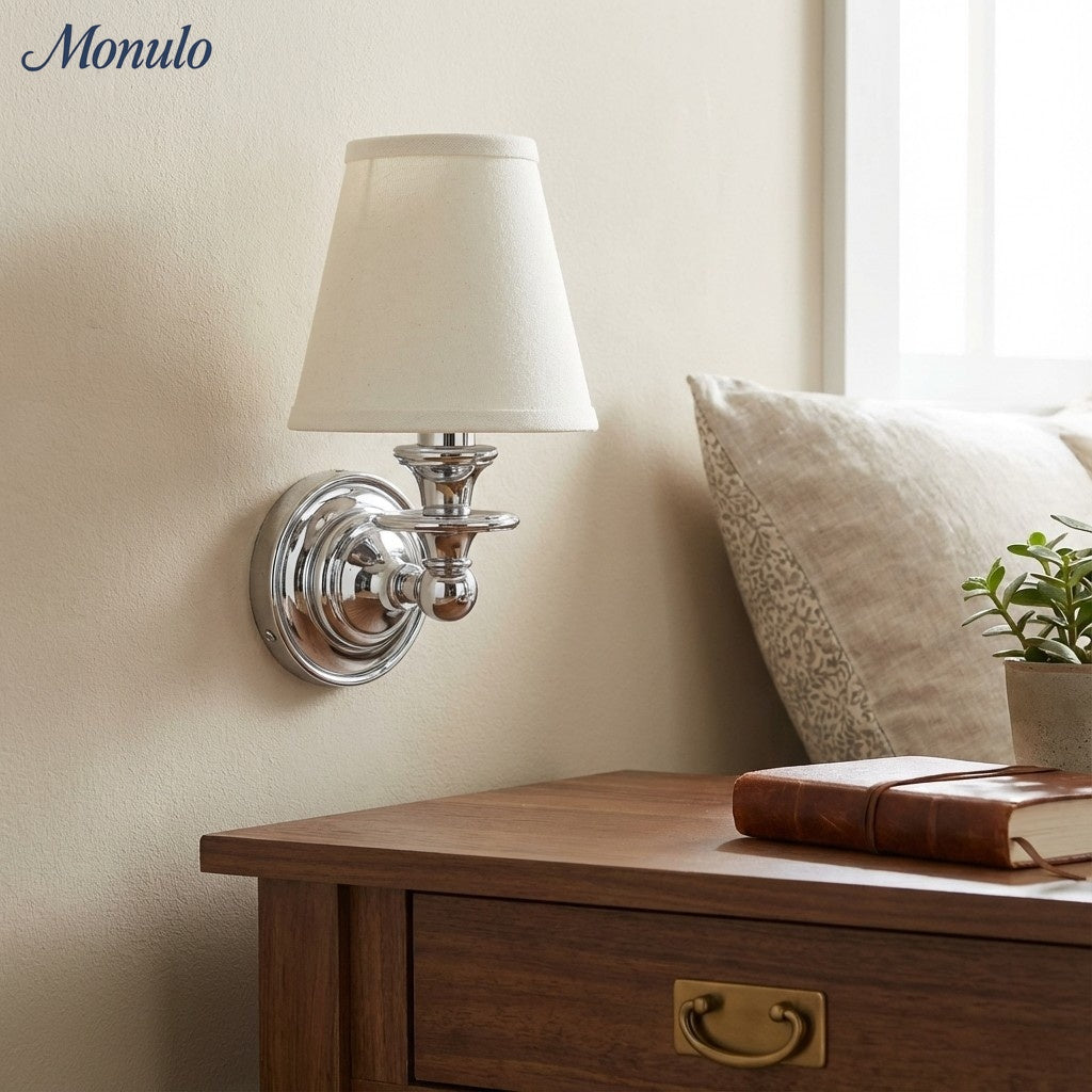 Wandlamp met stoffen kap en zwanenhalsarm – smeedijzeren armatuur met verstelbare leeslamp | Sansoti