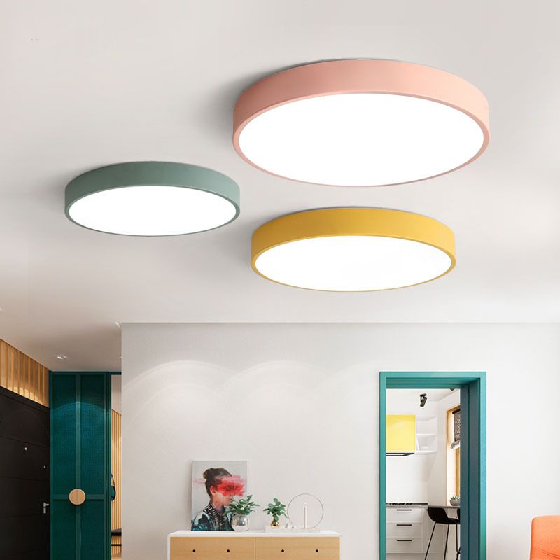 Round LED Ceiling Light Metal Acrylic Yellow Blue Green Pink Gray Living Room Bedroom Children's Room Modern | Sansoti