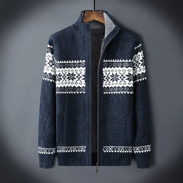 Gestrickte Herren-Cardigan mit Stehkragen und Reißverschluss, Winter, nordisches Jacquardmuster, warmer Pullover, Outdoorbekleidung | Sansoti