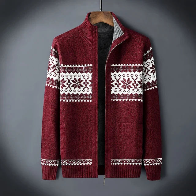 Gestrickte Herren-Cardigan mit Stehkragen und Reißverschluss, Winter, nordisches Jacquardmuster, warmer Pullover, Outdoorbekleidung | Sansoti