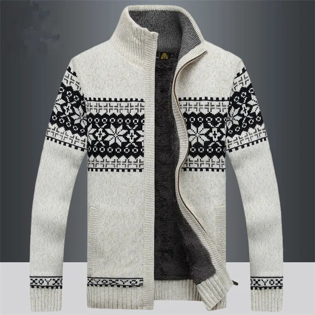 Gestrickte Herren-Cardigan mit Stehkragen und Reißverschluss, Winter, nordisches Jacquardmuster, warmer Pullover, Outdoorbekleidung | Sansoti
