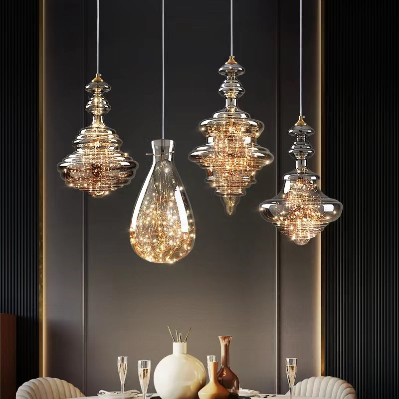 Grijze glazen hanglamp met sterrenhemel-effect voor eetkamer, bar of keukeneiland | Sansoti