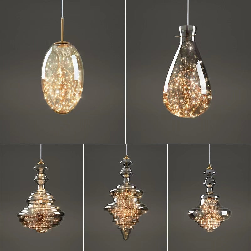Grijze glazen hanglamp met sterrenhemel-effect voor eetkamer, bar of keukeneiland | Sansoti
