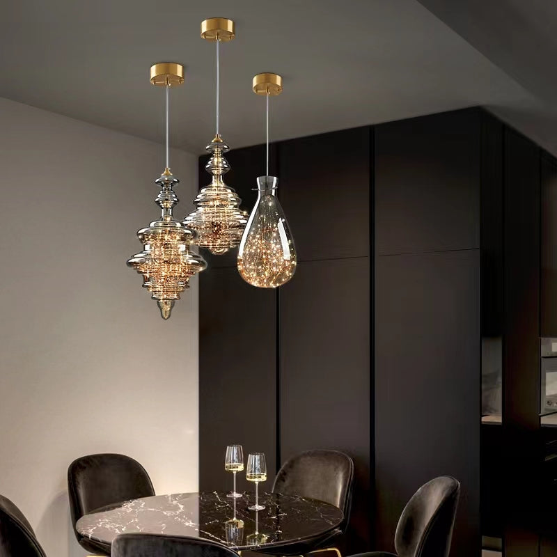 Grijze glazen hanglamp met sterrenhemel-effect voor eetkamer, bar of keukeneiland | Sansoti
