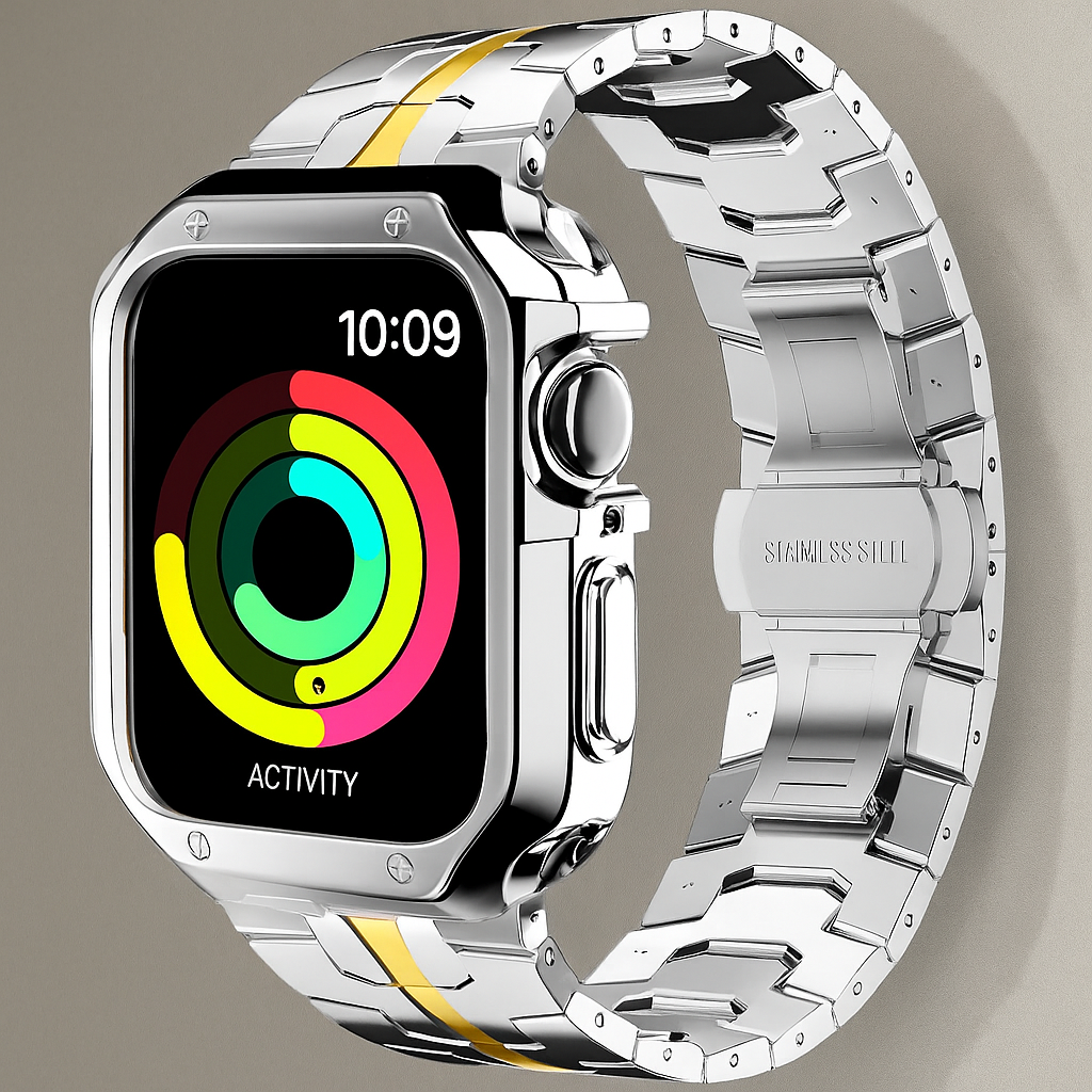 Metal Watch Band with Protective Case Butterfly Clasp Titanium Look Link Bracelet for Smartwatch Elegant | Sansoti