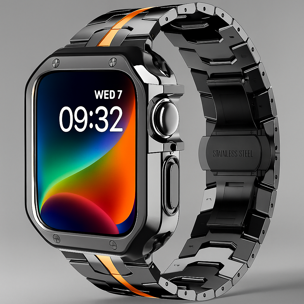 Metal Watch Band with Protective Case Butterfly Clasp Titanium Look Link Bracelet for Smartwatch Elegant | Sansoti